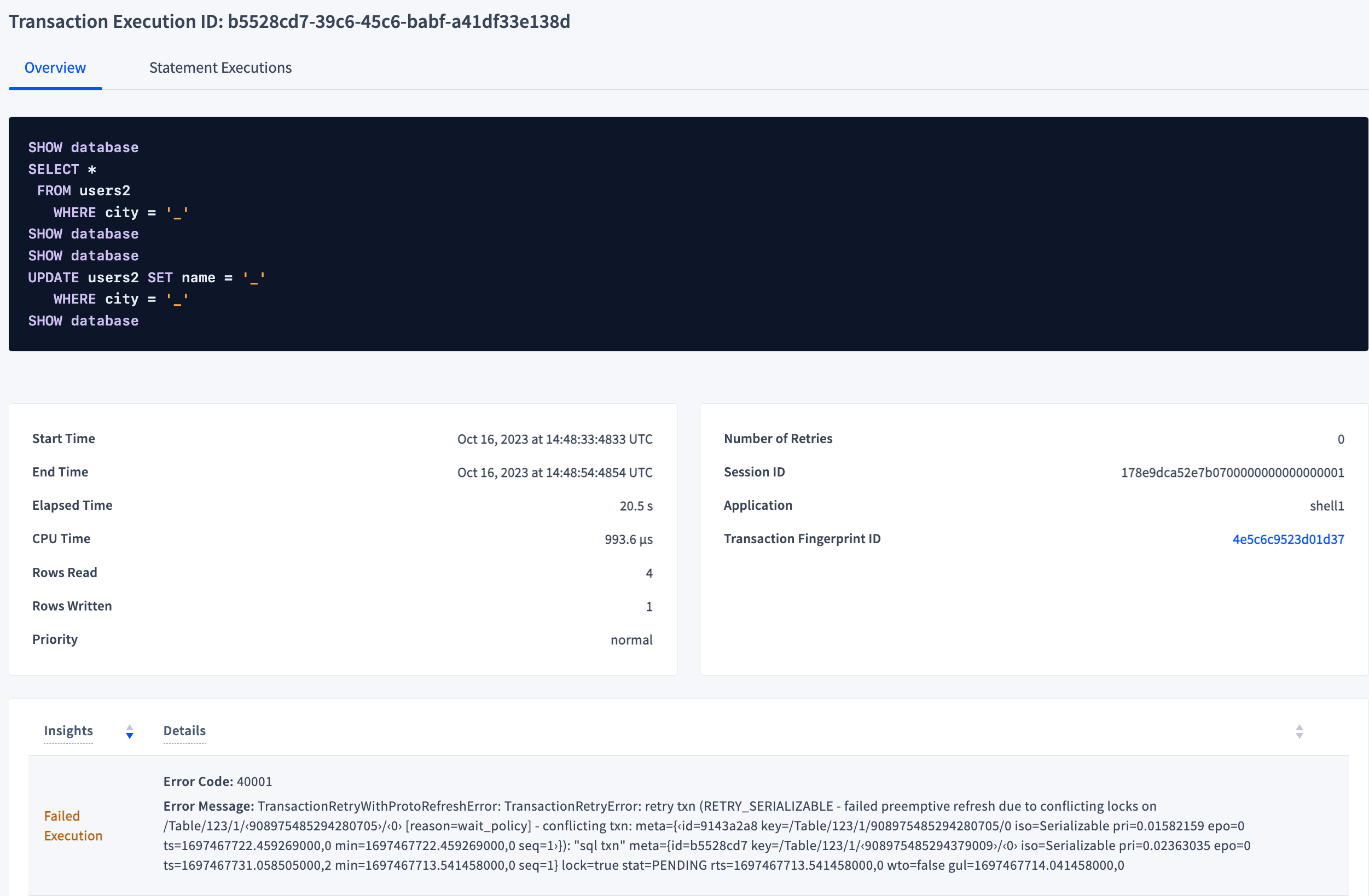 Failed transaction execution details