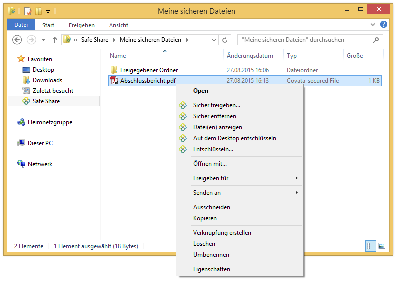 Entschlüsselung eigener Dateien auf dem Desktop über das Popup-Menü