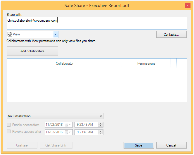 Safe Share dialog box