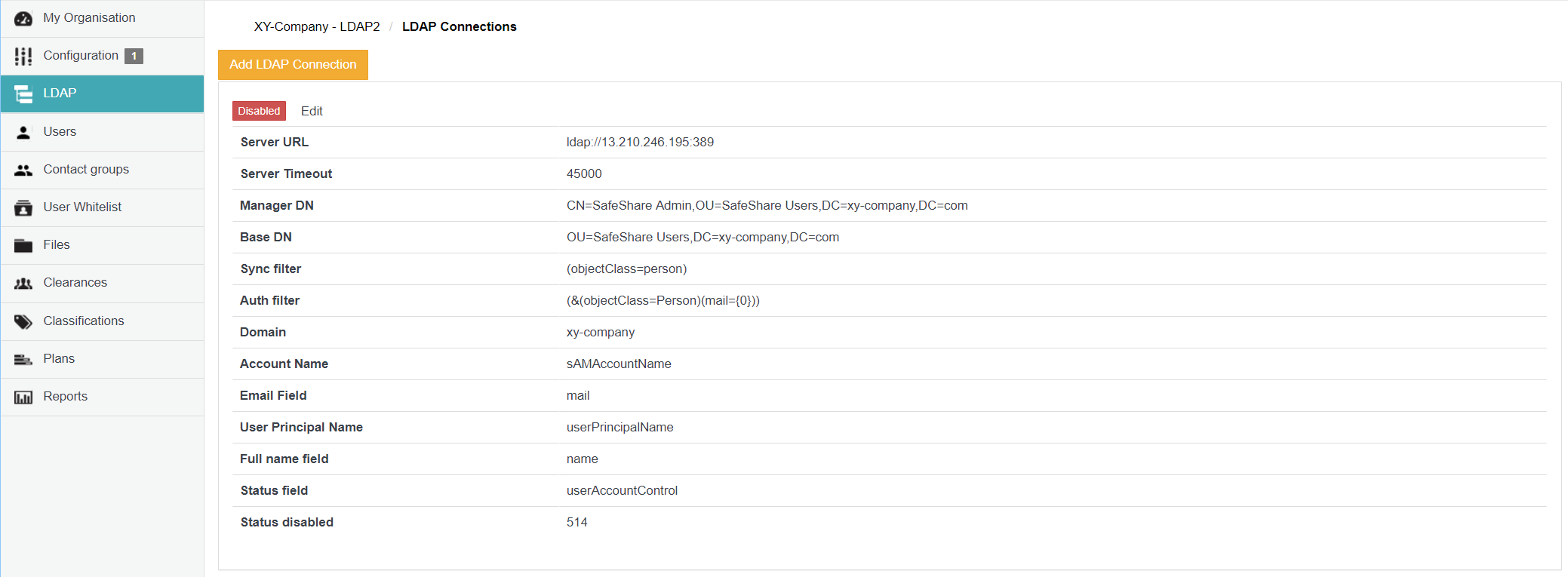 LDAP Connections page