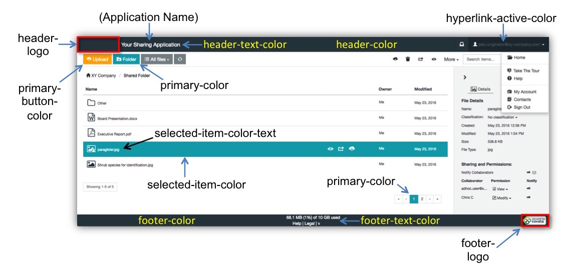 Themable areas of the main application page