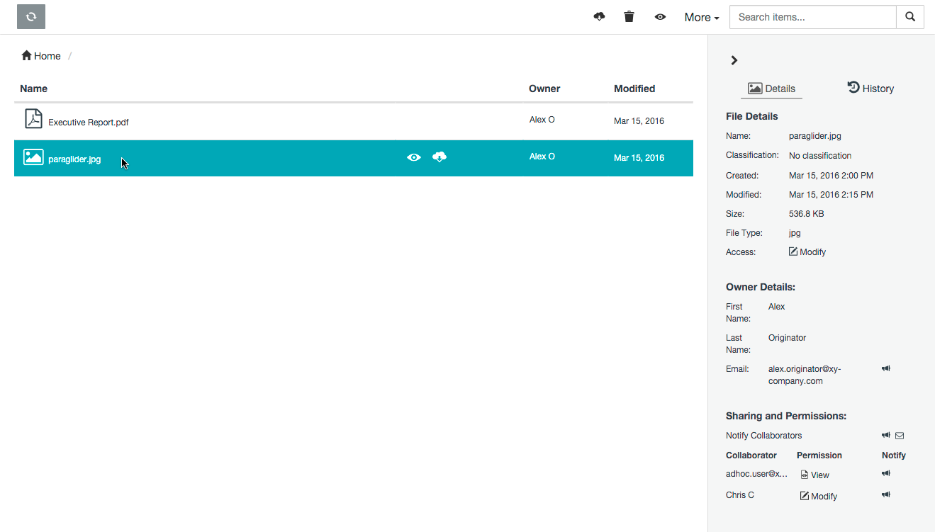 Selecting an item as a collaborator with Modify permissions