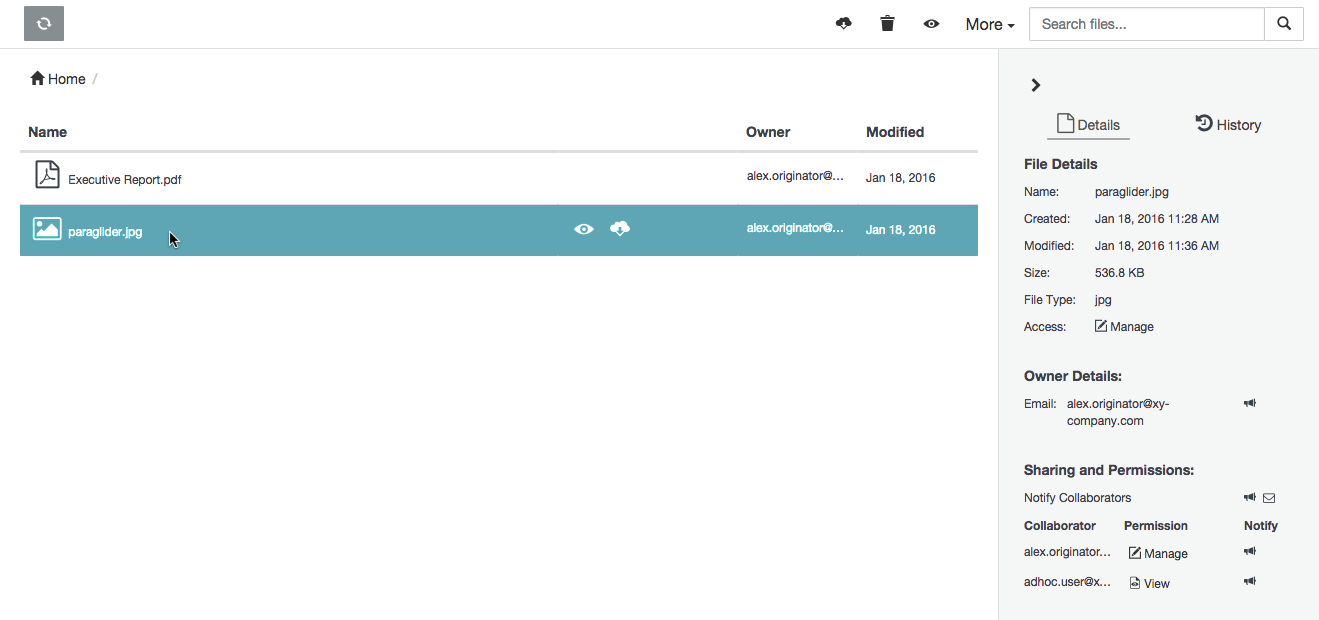 Selecting an item as a collaborator with Manage permissions