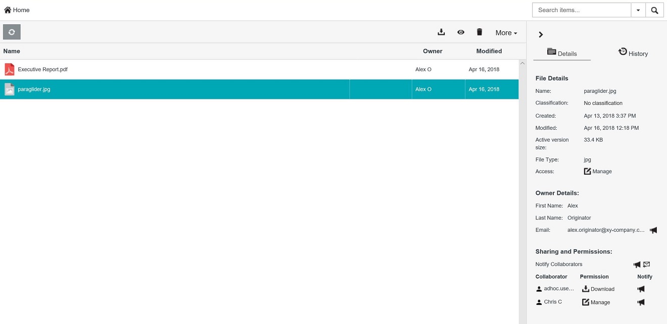 Selecting an item as a collaborator with Manage permissions