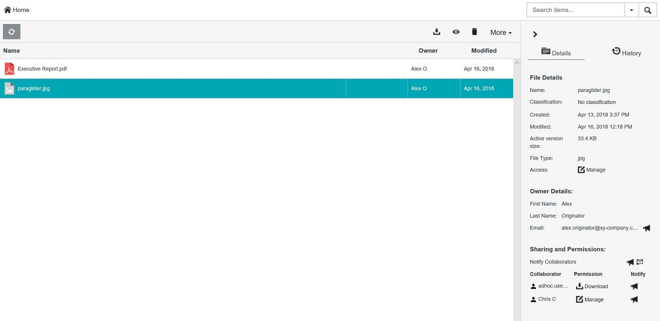 Selecting an item as a collaborator with Manage permissions