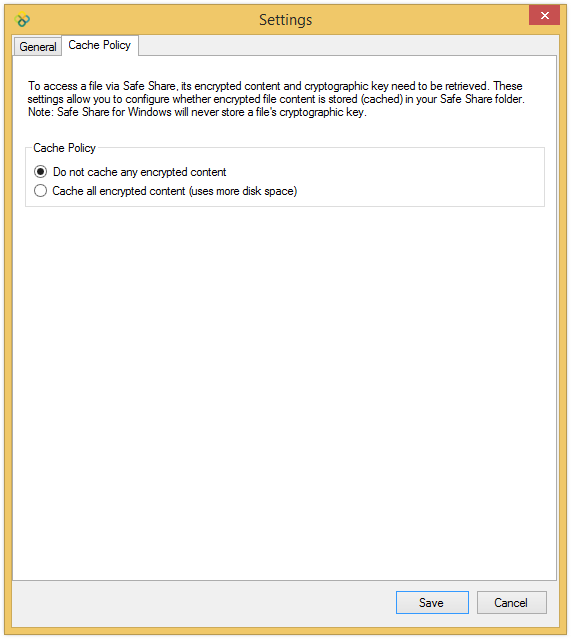 Settings dialog box - Cache Policy tab