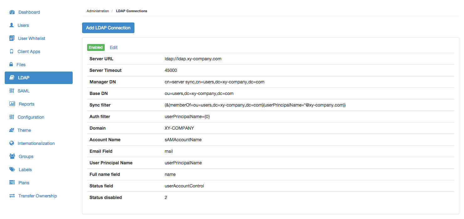 LDAP Connections page
