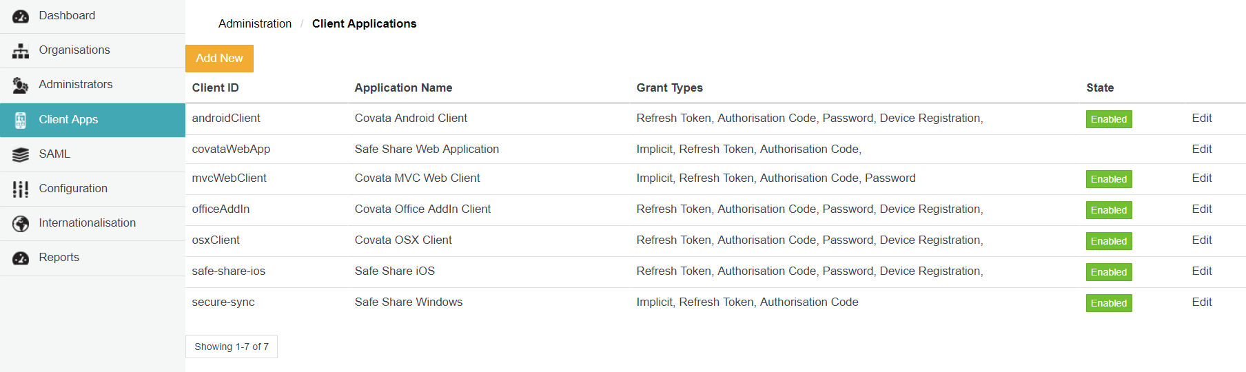 Client Applications page