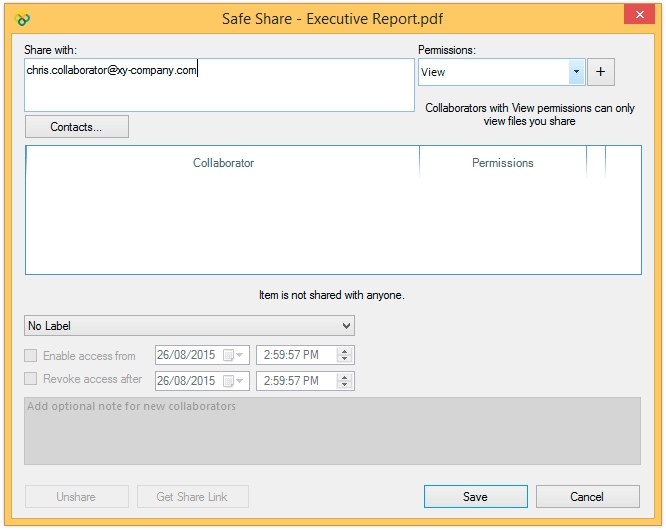 Safe Share dialog box