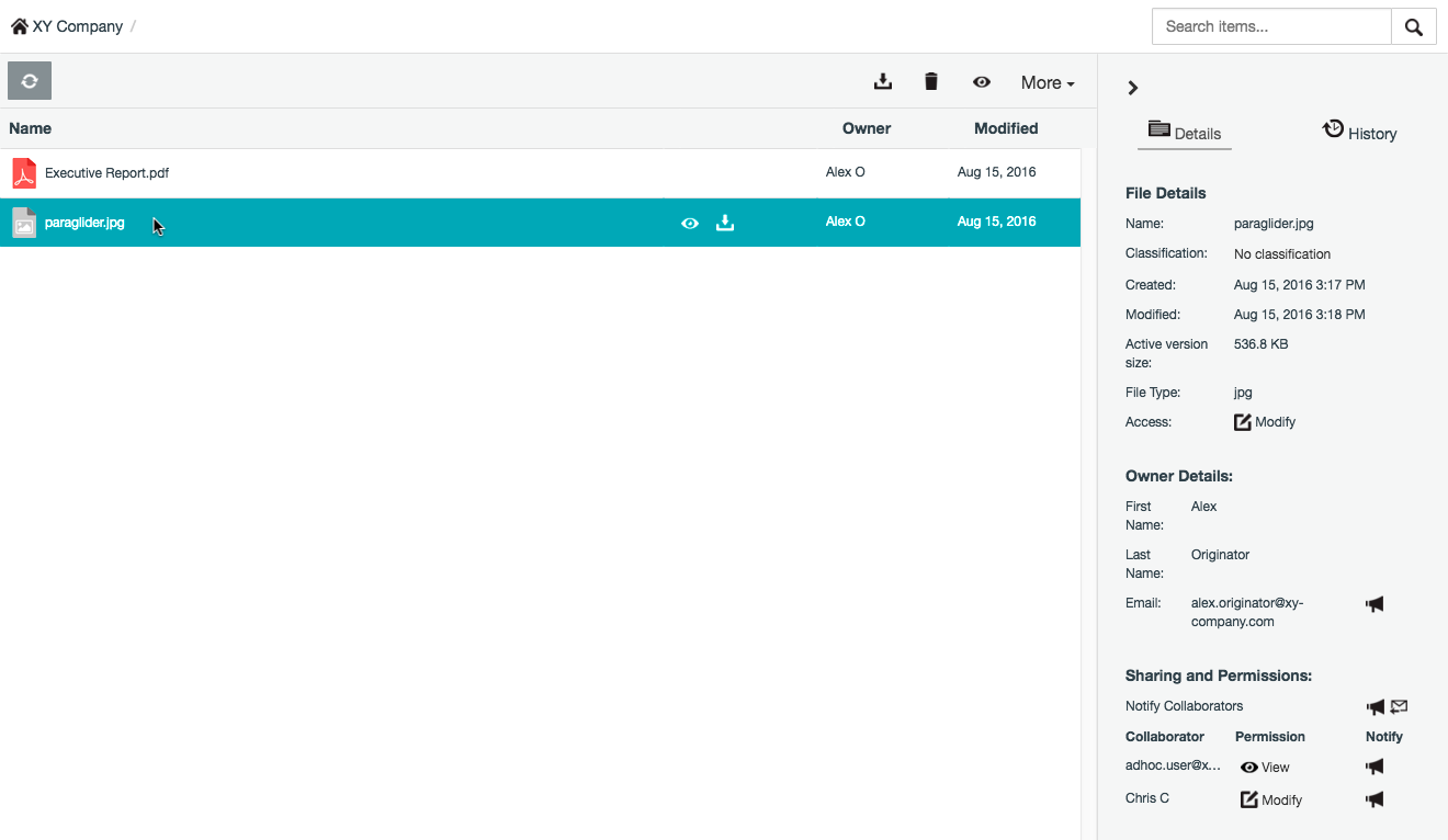 Selecting an item as a collaborator with Modify permissions