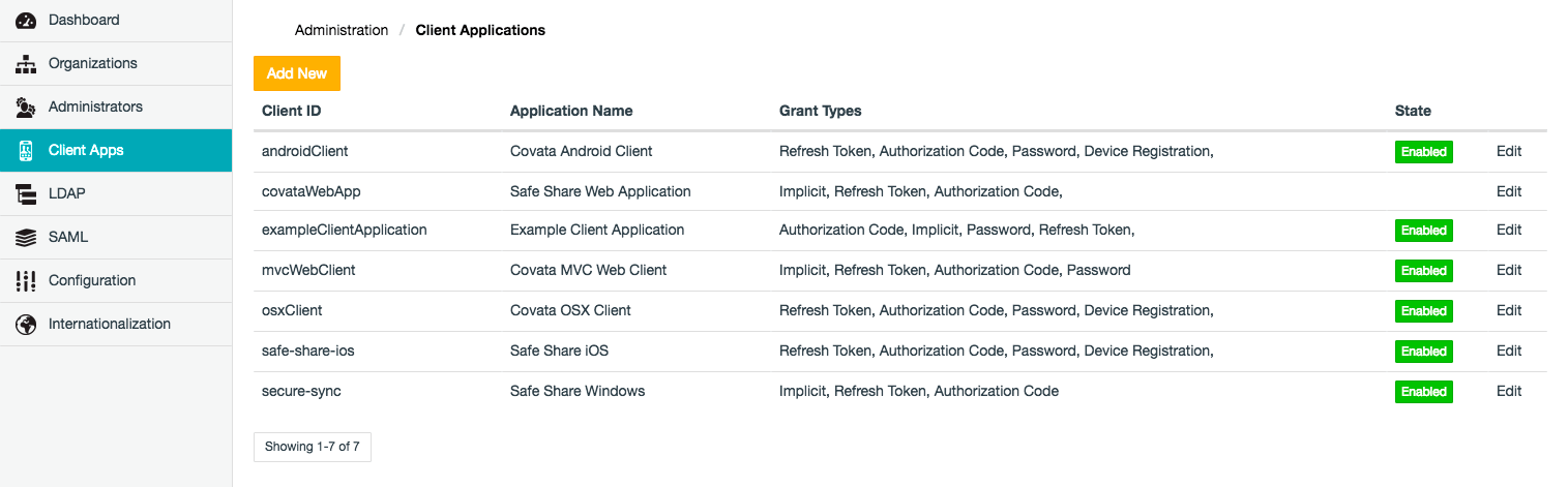 Client Applications page