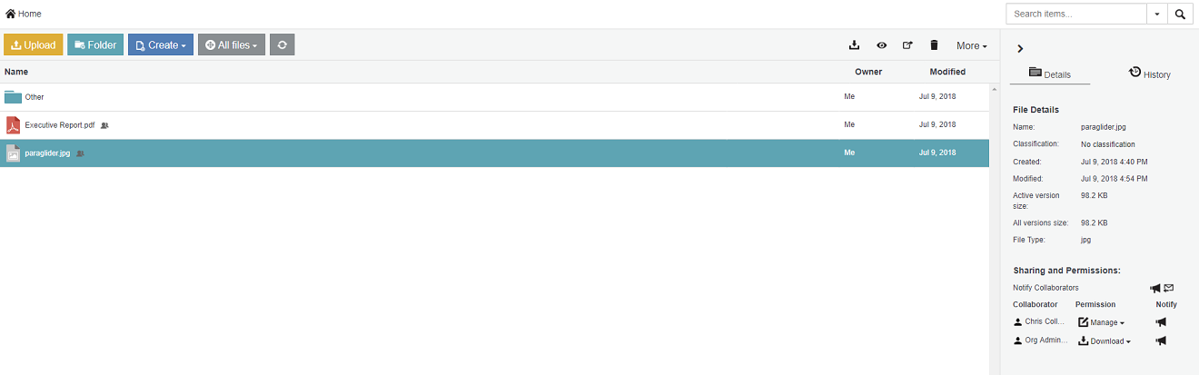 Selecting an item as a collaborator with Manage permissions