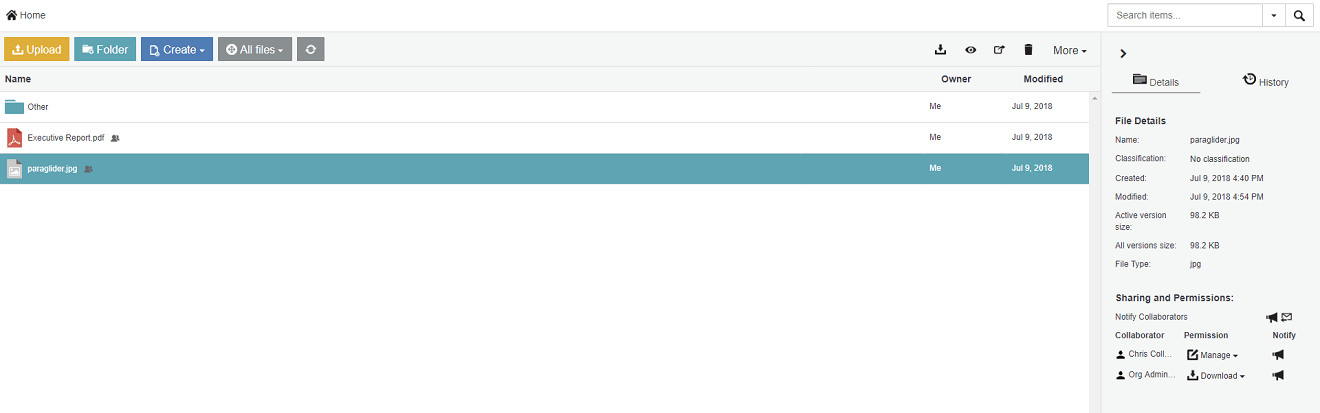 Selecting an item as a collaborator with Manage permissions