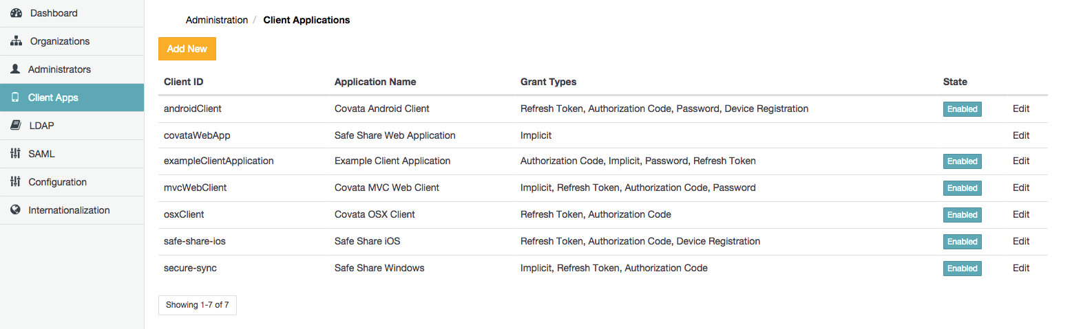 Client Applications page
