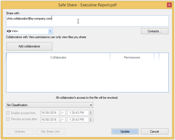 Safe Share dialog box