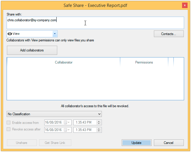 Safe Share dialog box