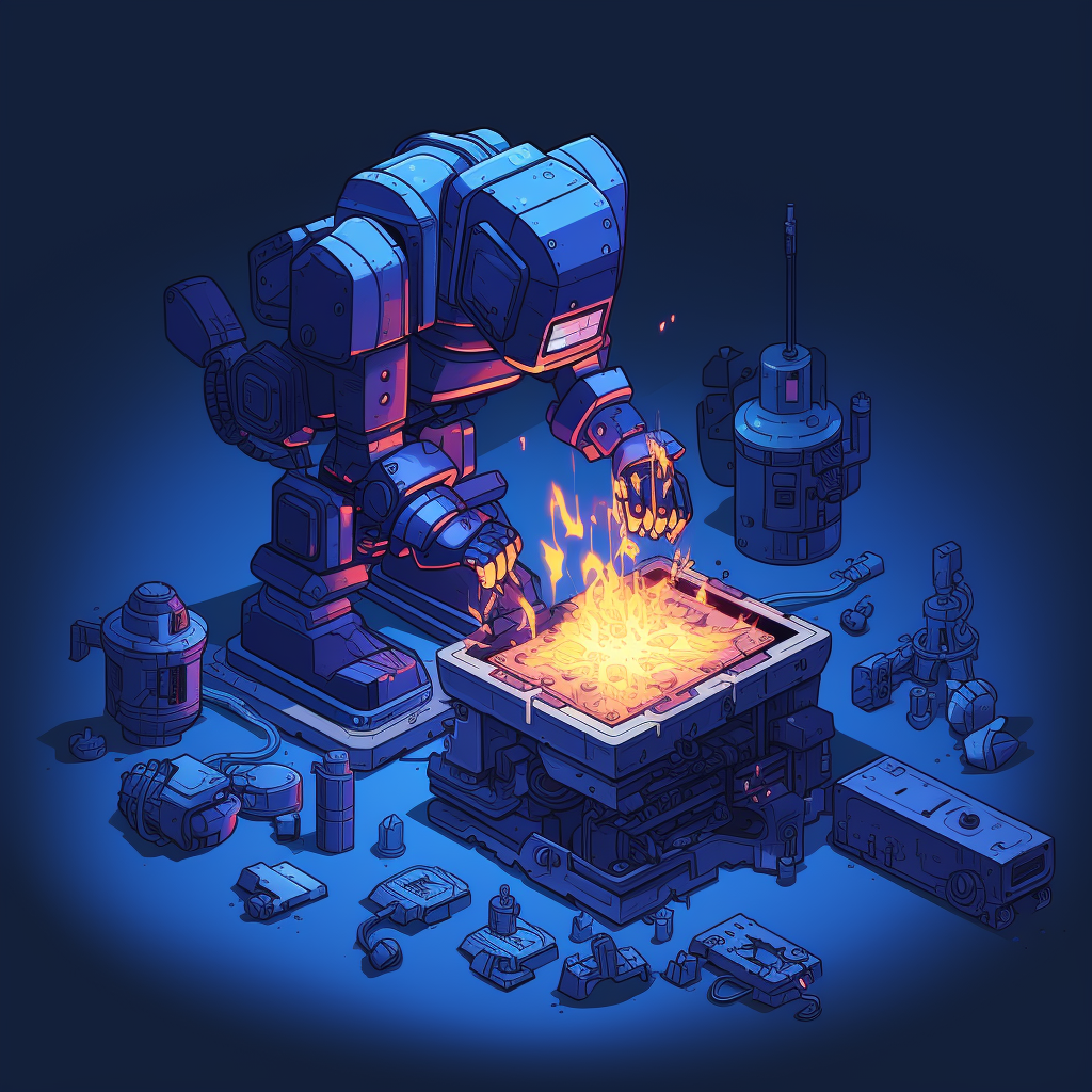 A blue robot forging a new block