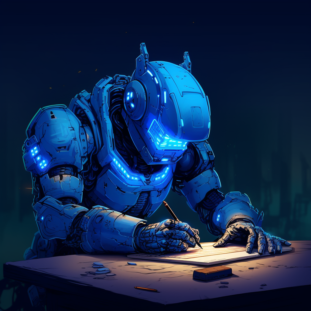 A blue robot writing on a paper