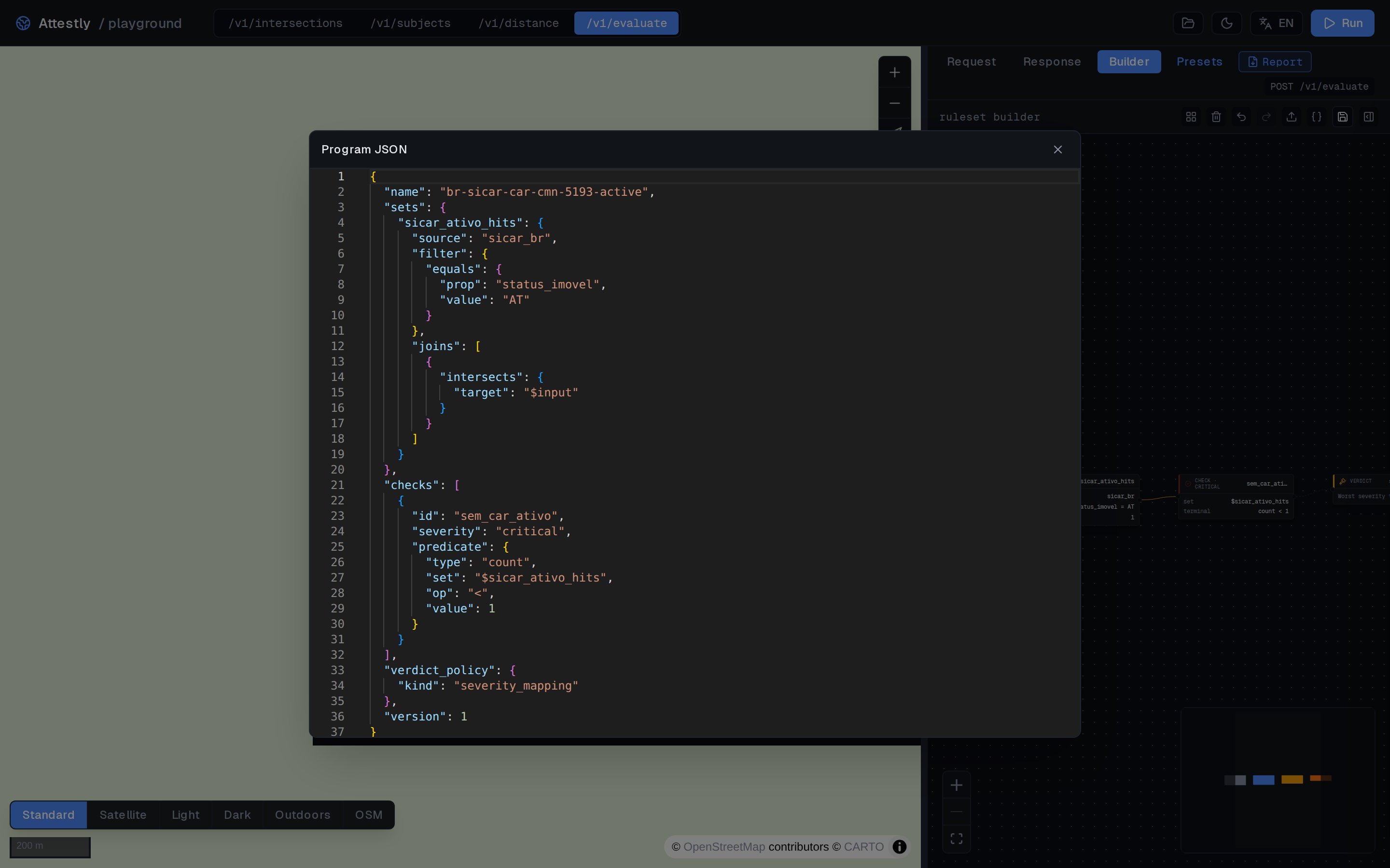 JSON modal showing the canonical ruleset body