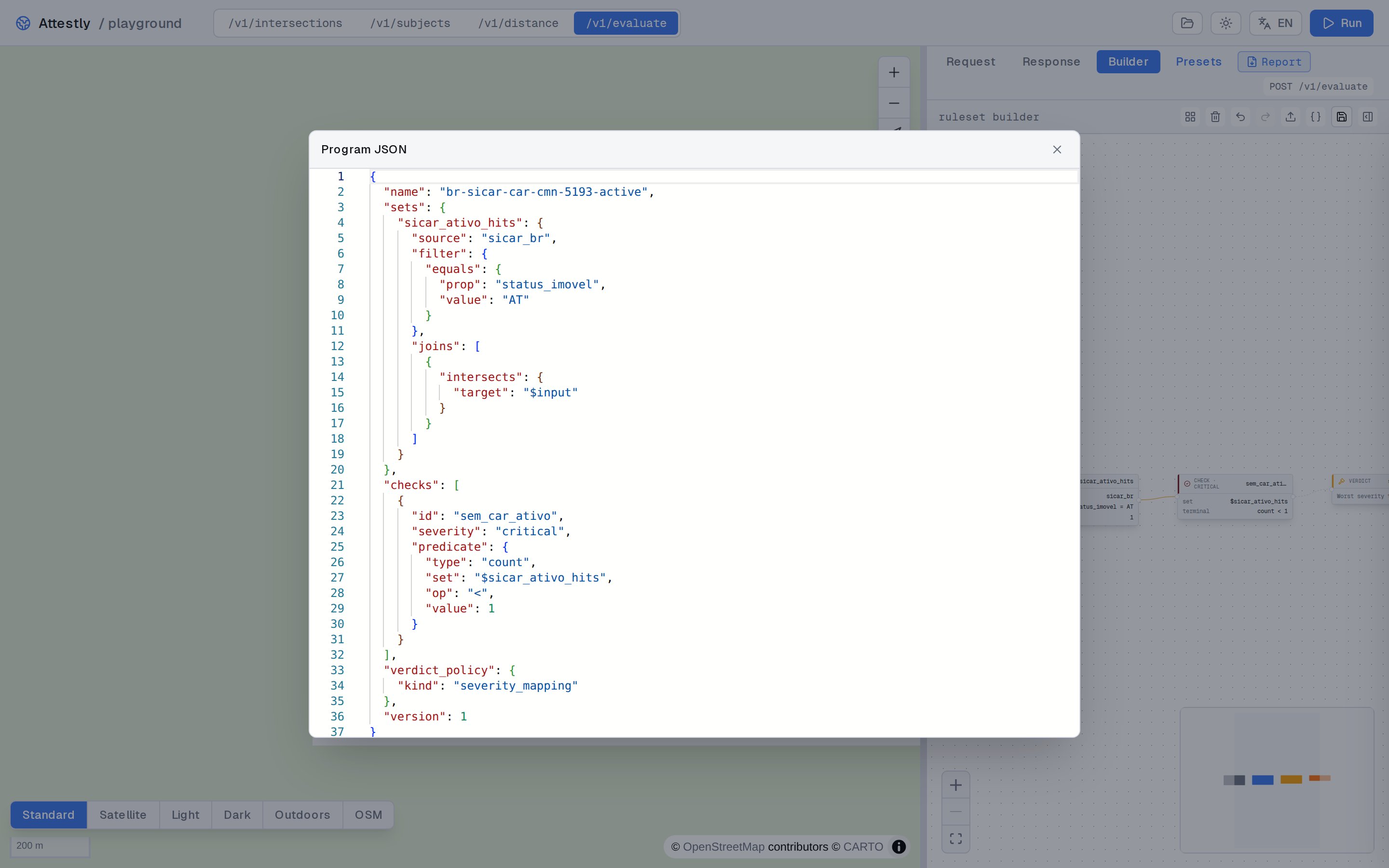 JSON modal showing the canonical ruleset body