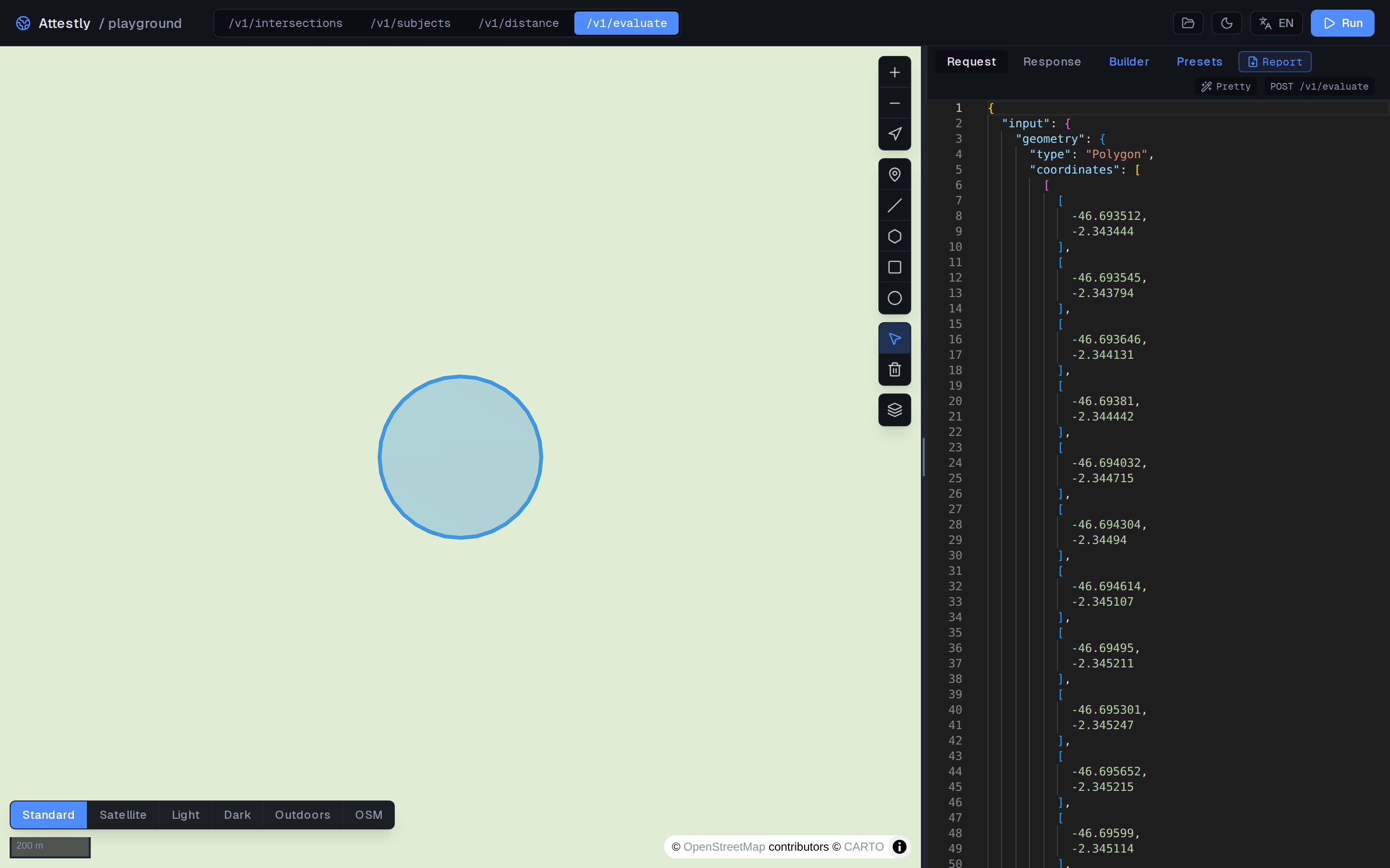 Playground layout: map on the left, builder canvas in the center, results panel on the right