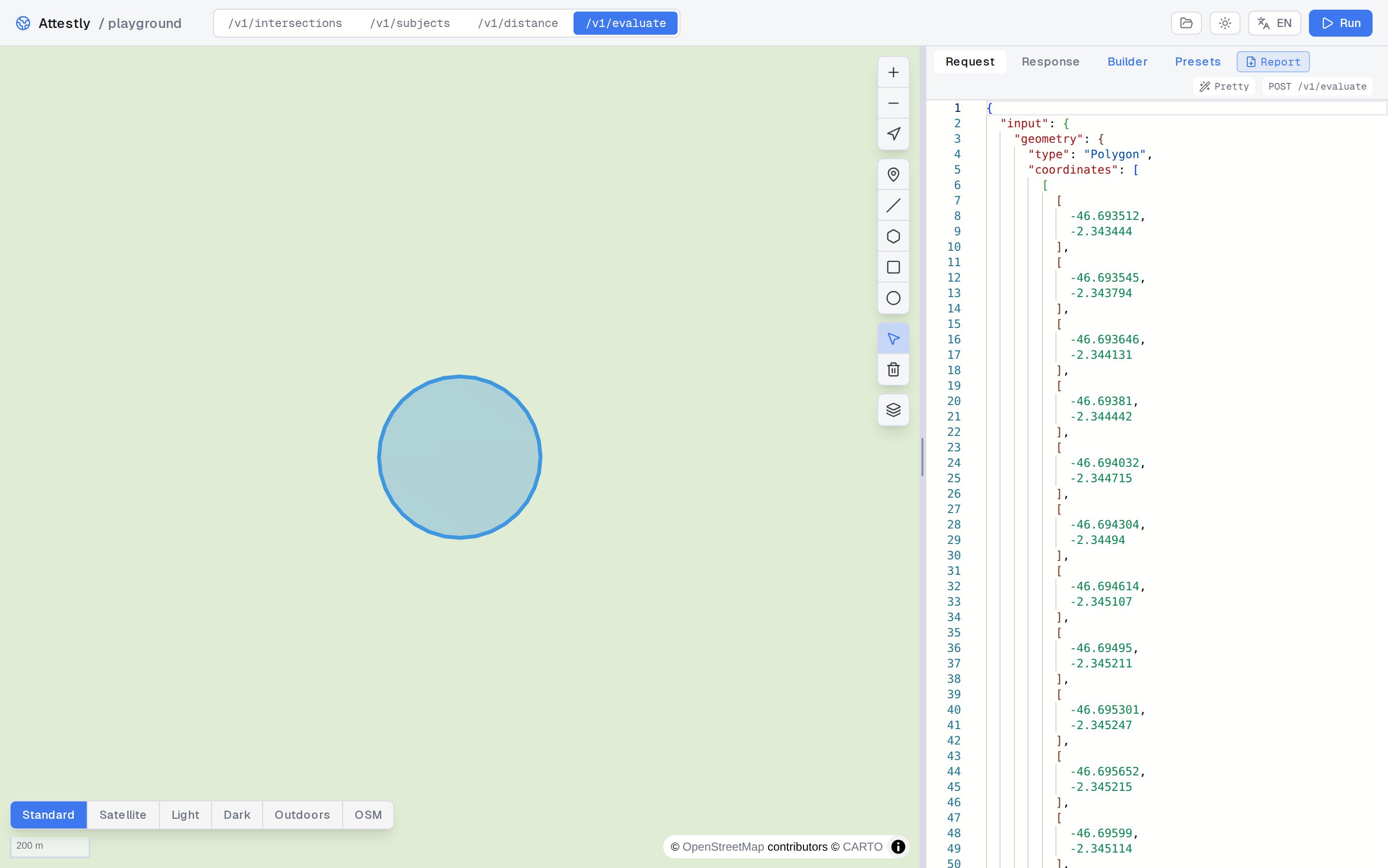 Playground layout: map on the left, builder canvas in the center, results panel on the right