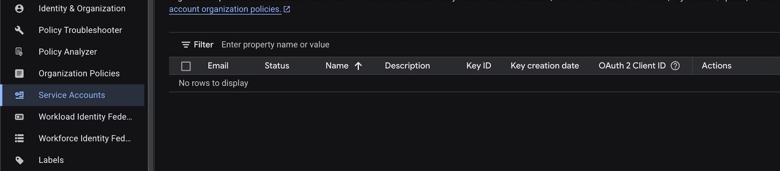 Service accounts page