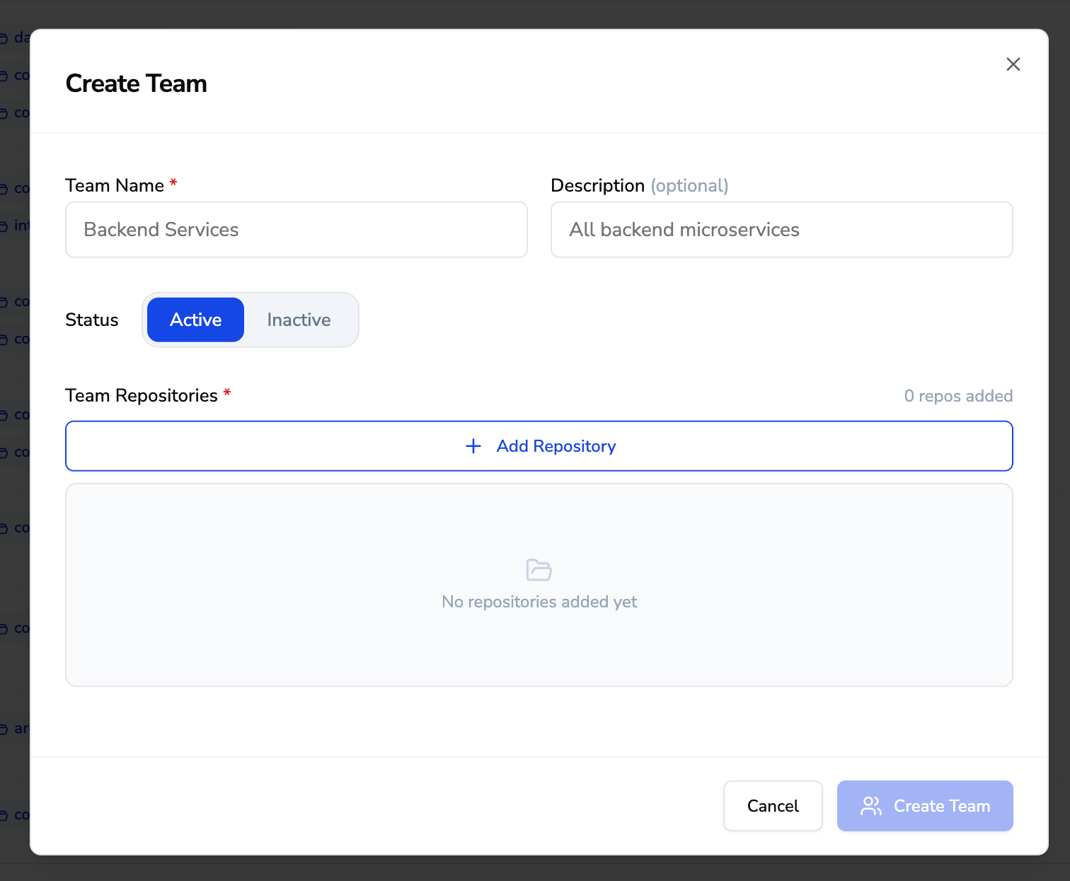 Create Team dialog