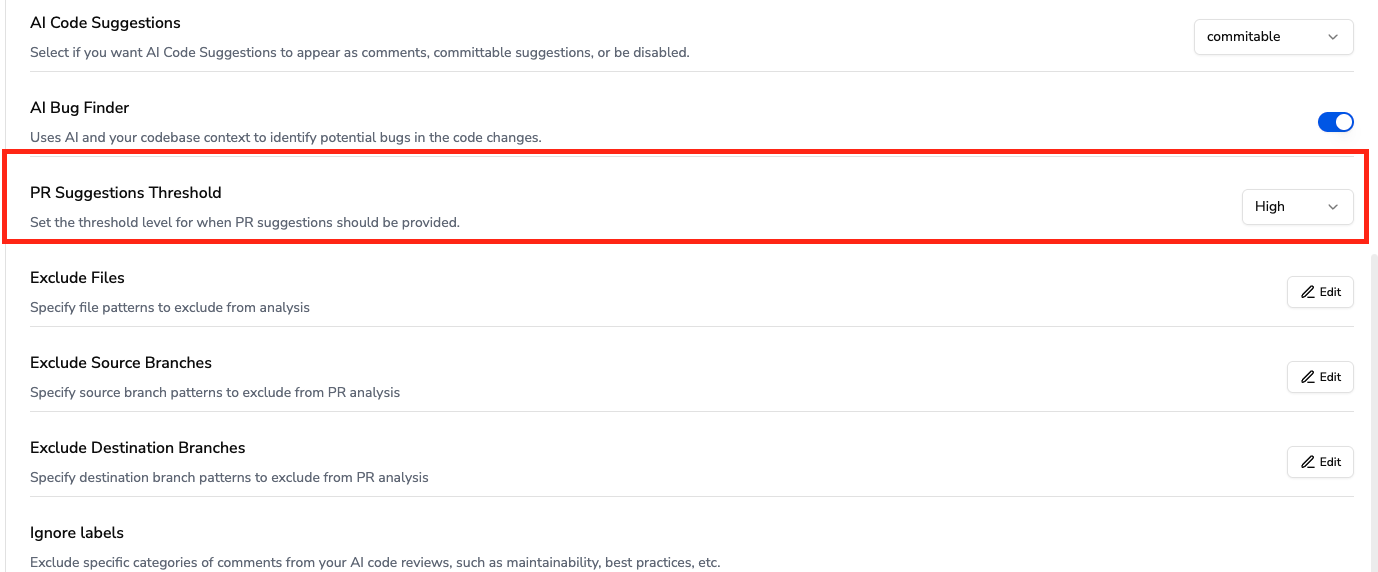 PR Suggestions Threshold Setting