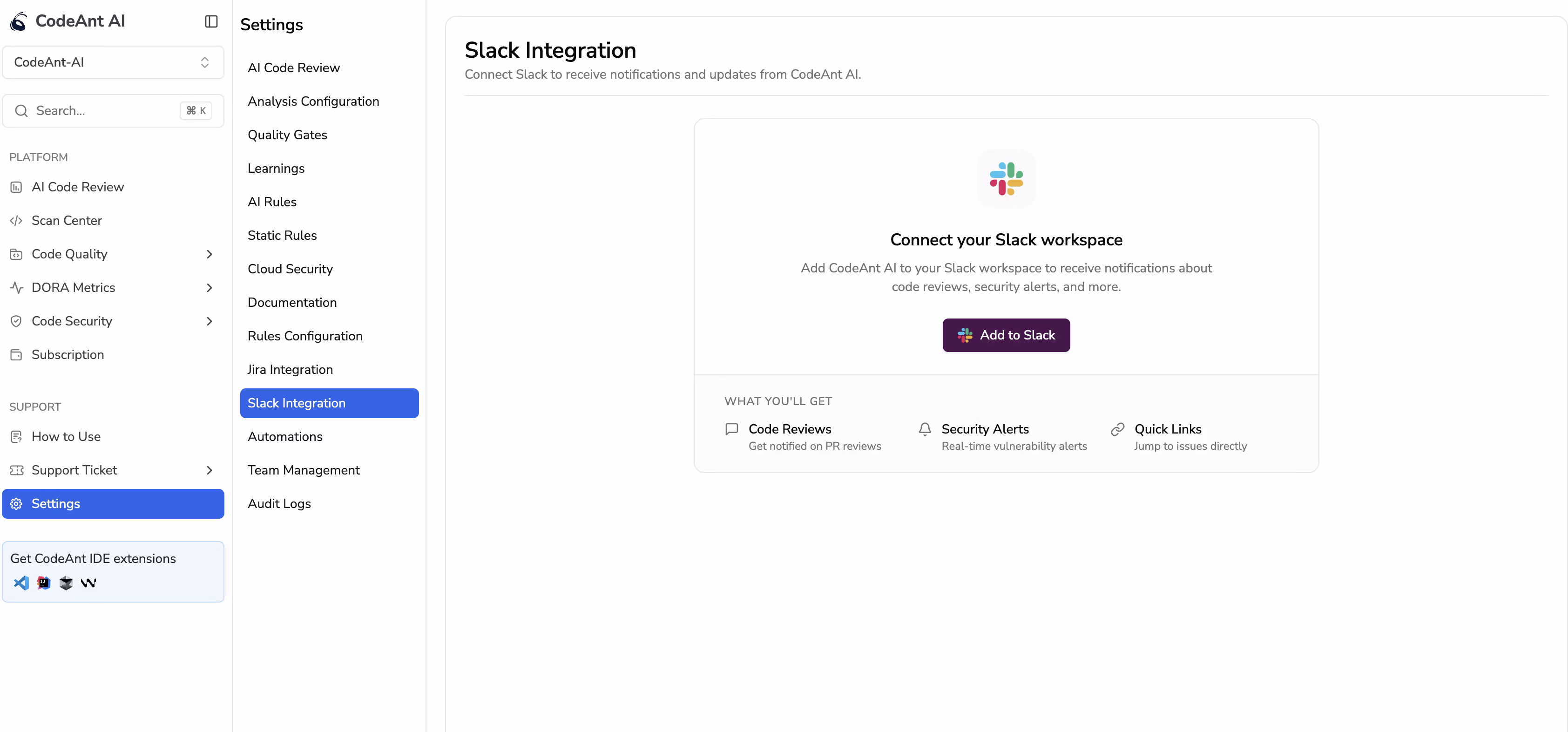 Slack Integration Settings