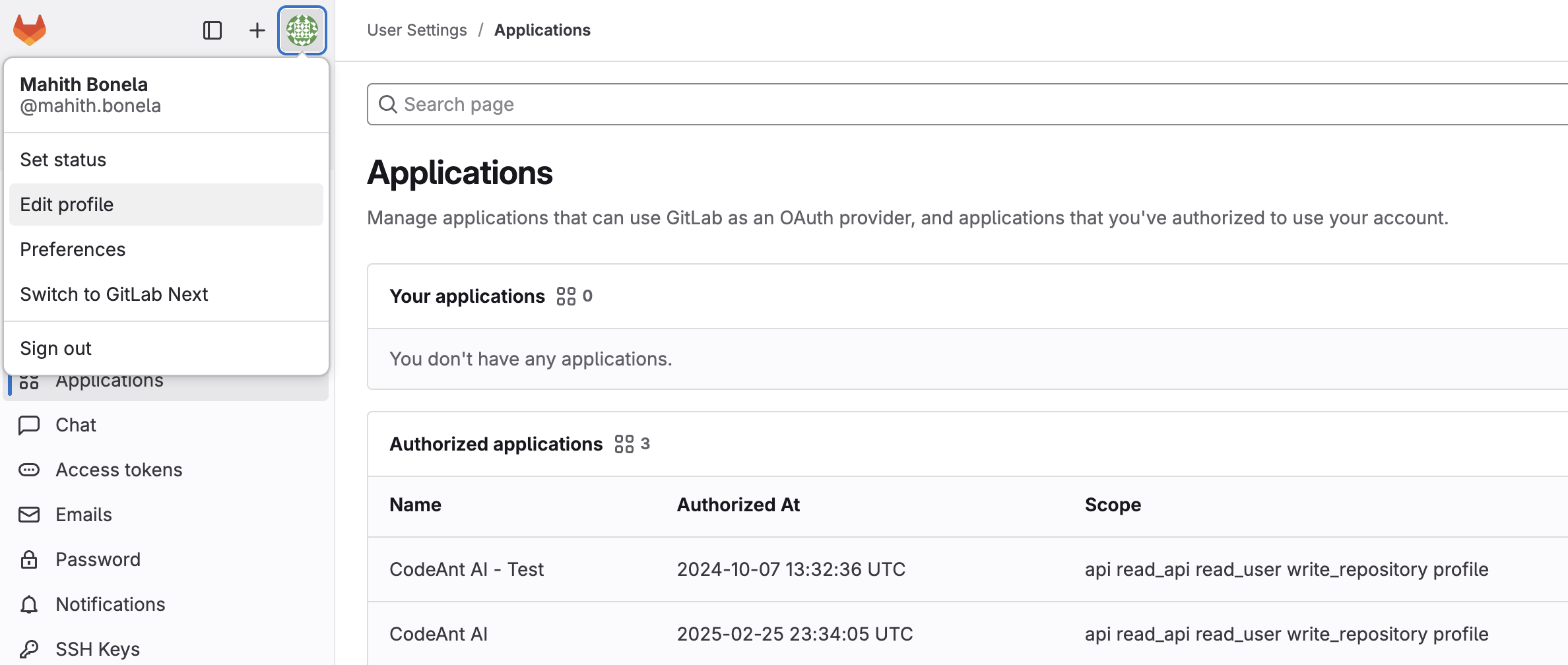 GitLab Profile Menu