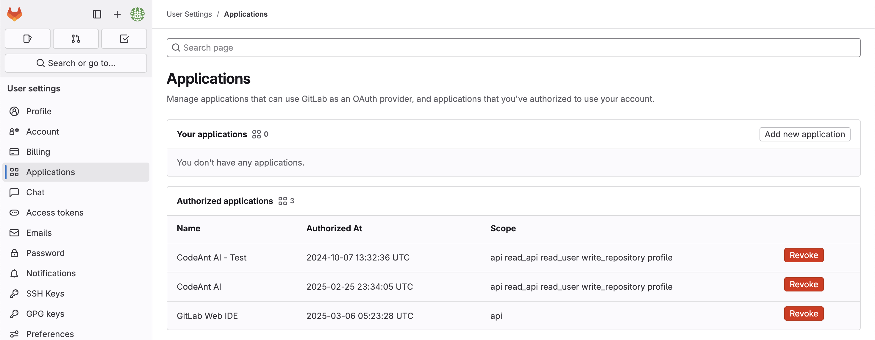 GitLab Applications Page