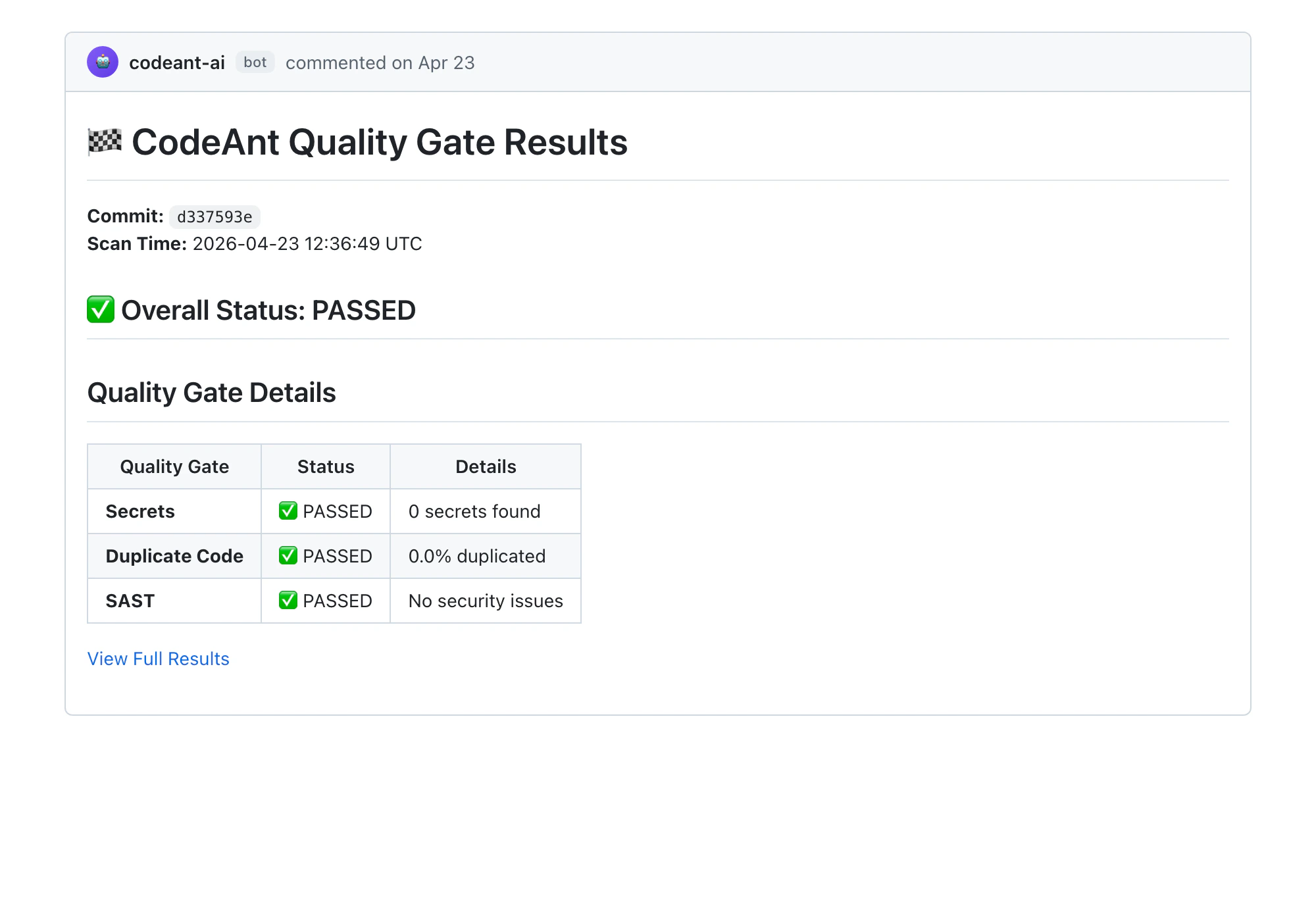 Quality Gate comment on a CodeAnt PR