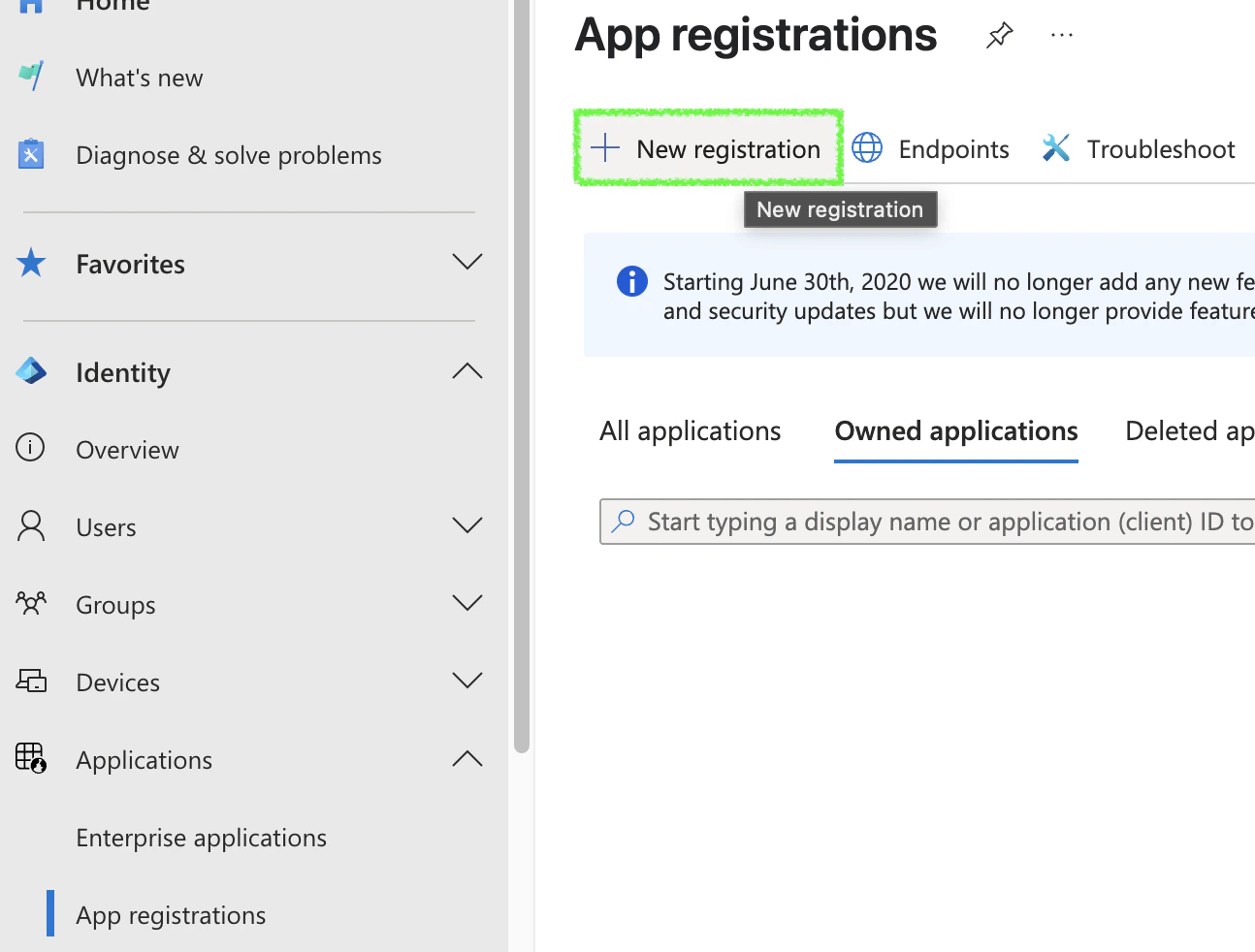 App registrations menu