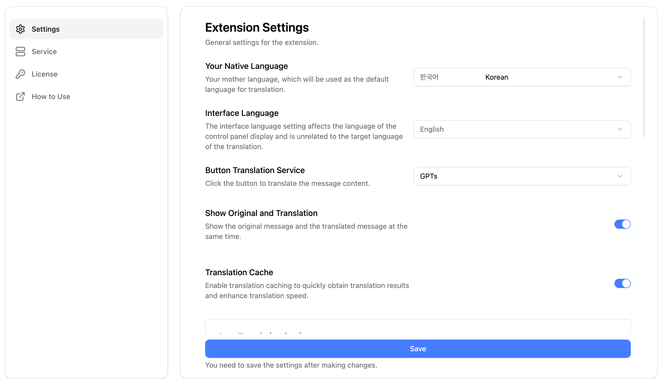 Discord Translator Options Page