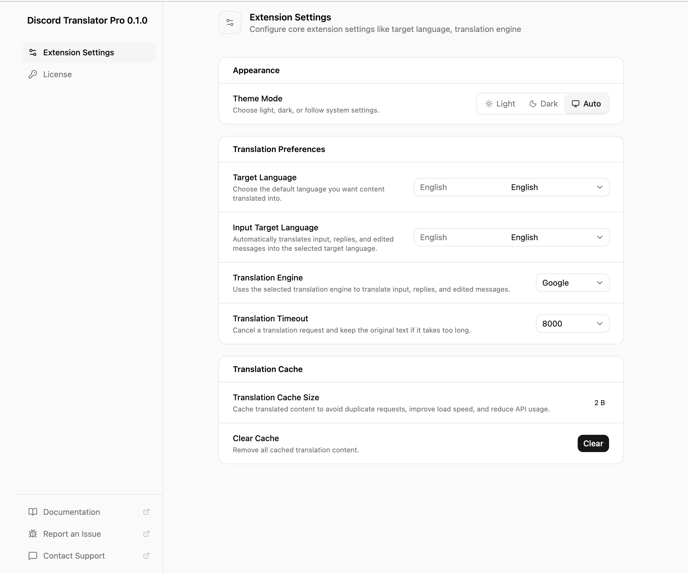 Discord Translator Pro extension settings page