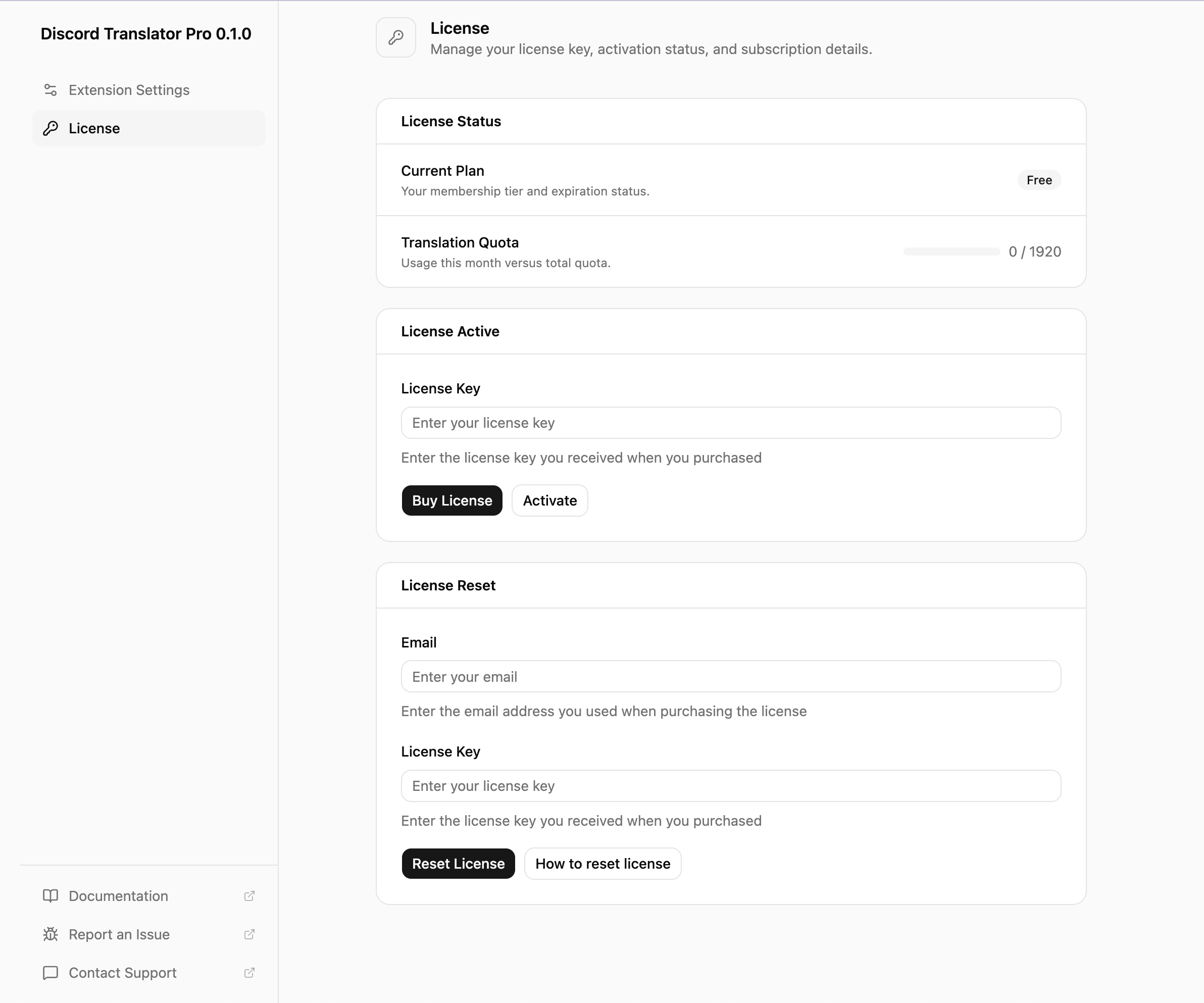 Discord Translator Pro license page