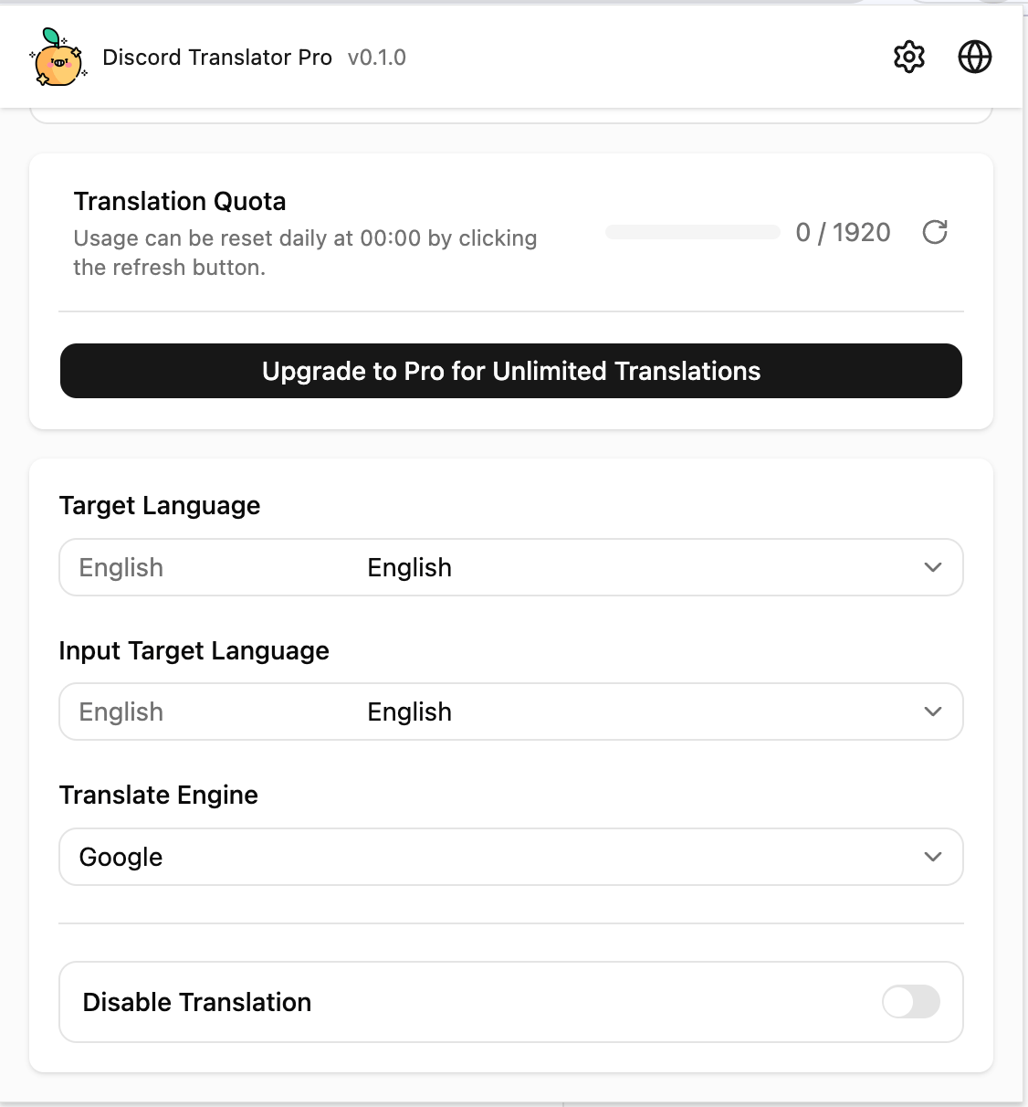 Discord Translator Pro popup settings