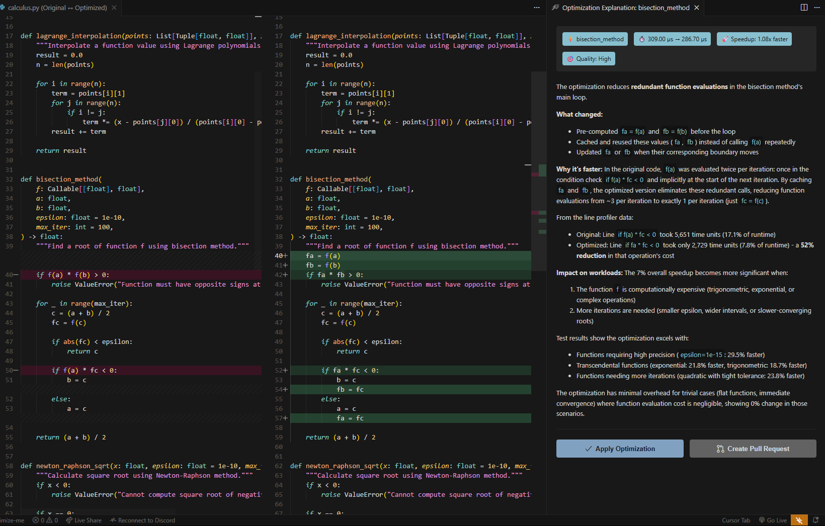 Detailed optimization explanation view