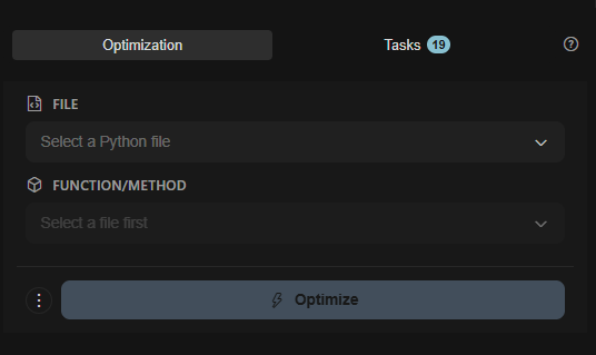 Optimization tab with file and function selectors