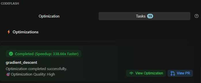 Completed optimizations list in Tasks tab