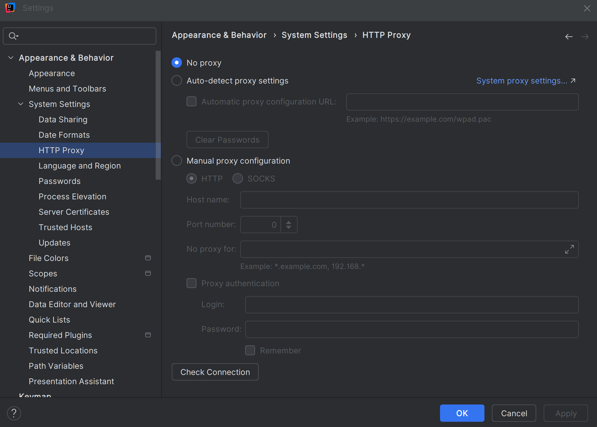 JetBrains HTTP Proxy Settings