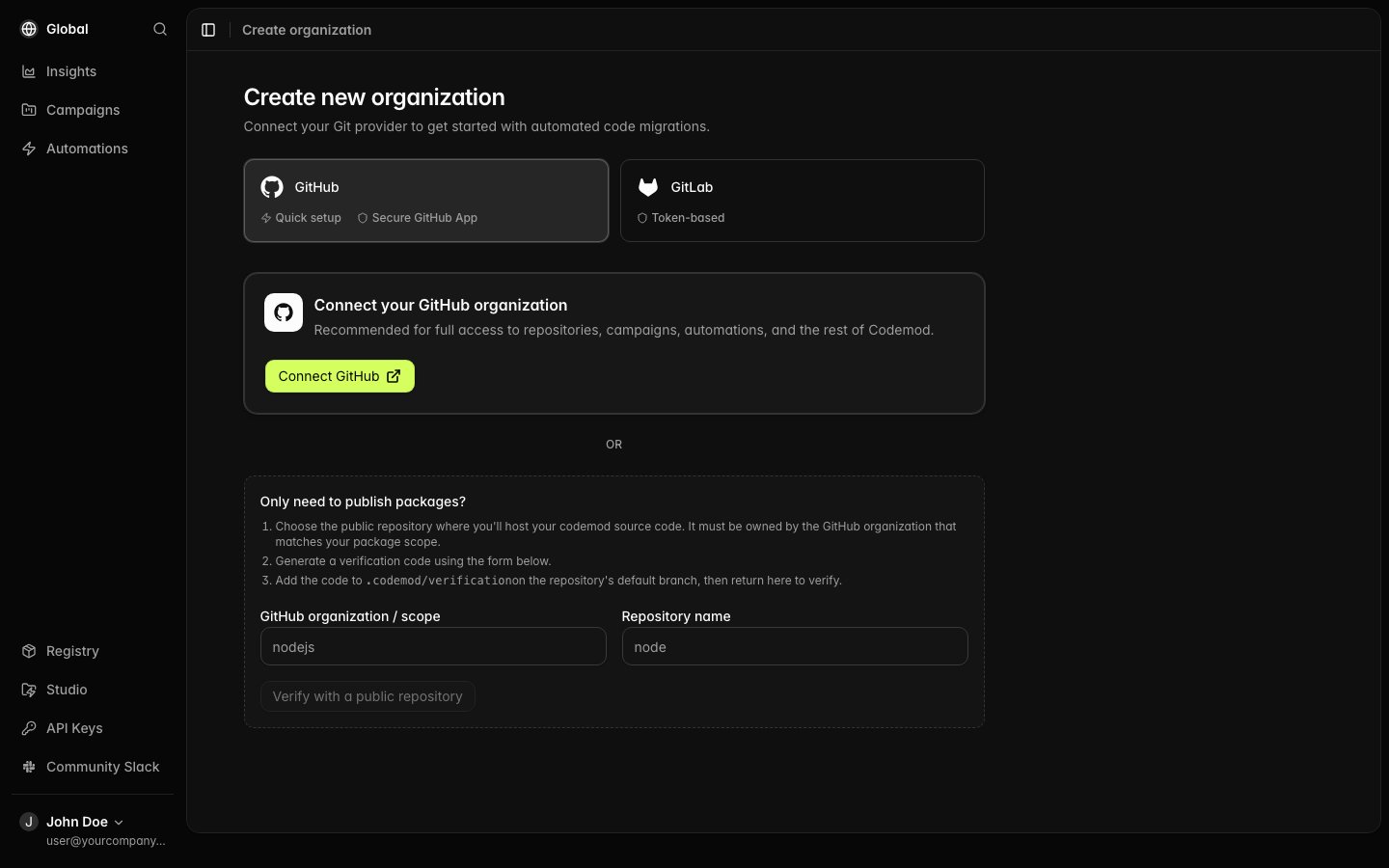 Create organization page showing Connect GitHub and public repository verification options