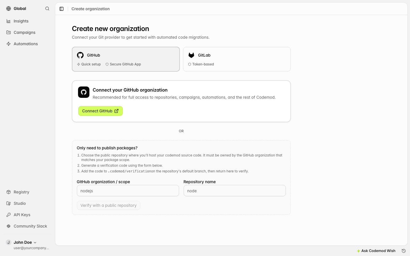 Create organization page showing Connect GitHub and public repository verification options