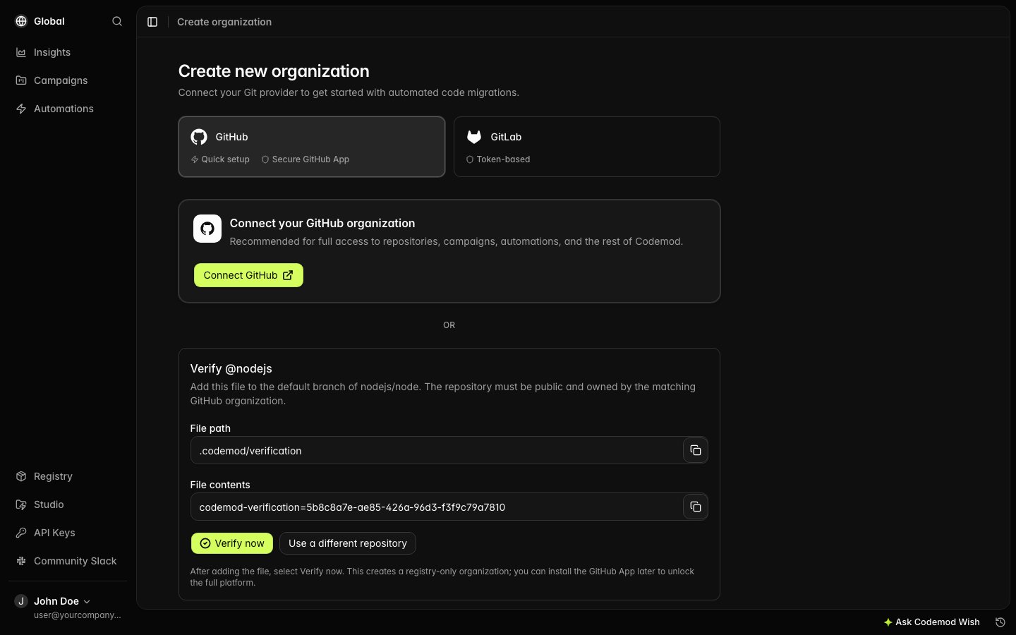 Repository verification instructions with the verification file path and code
