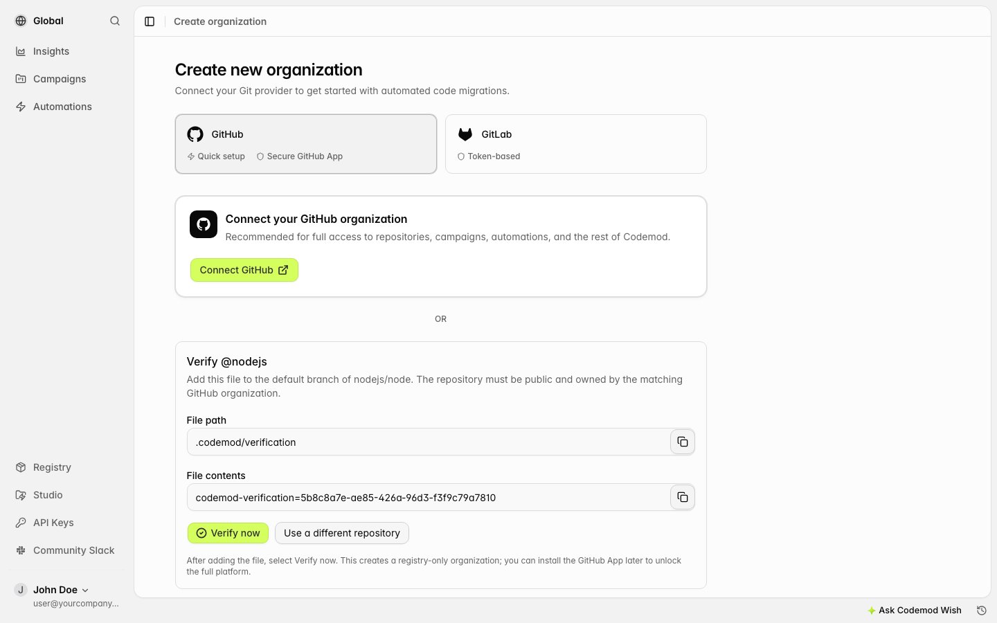 Repository verification instructions with the verification file path and code