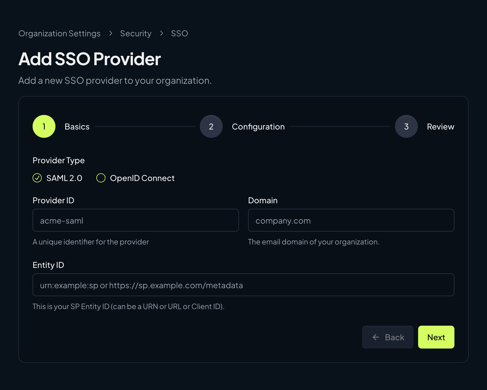 SSO provider basics Add SSO Provider basics step with provider ID, domain, and entity ID fields