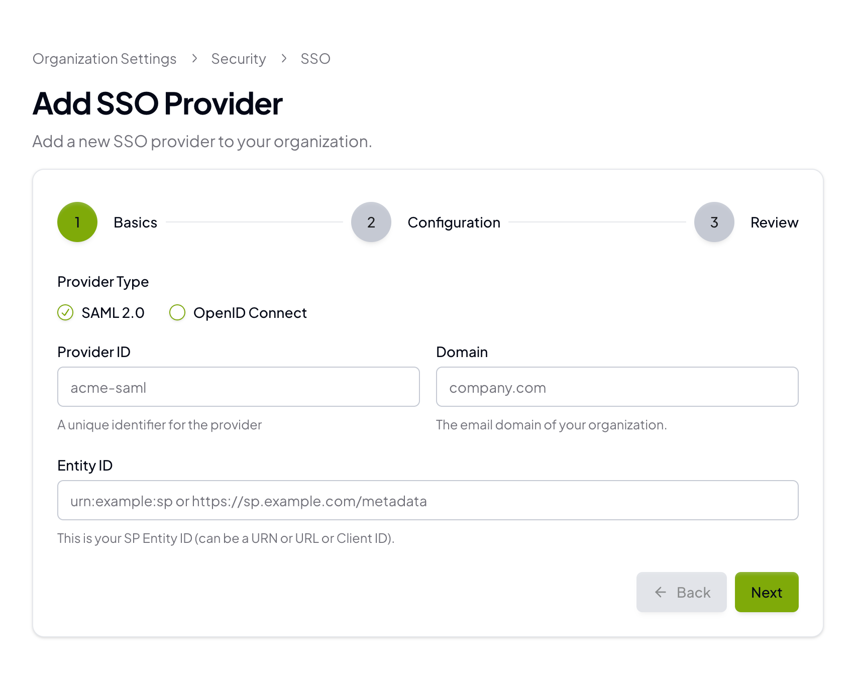 SSO provider basics Add SSO Provider basics step with provider ID, domain, and entity ID fields