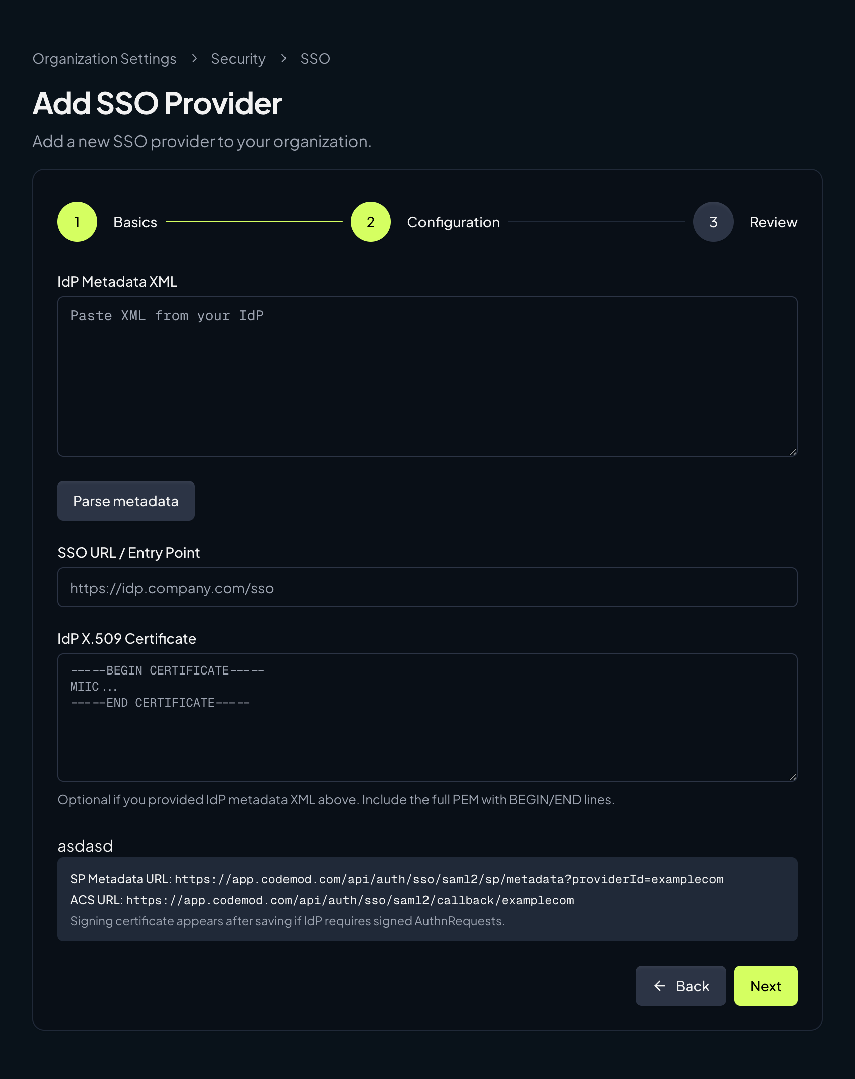 SSO provider configuration Add SSO Provider configuration step showing IdP metadata, SSO URL, and certificate fields