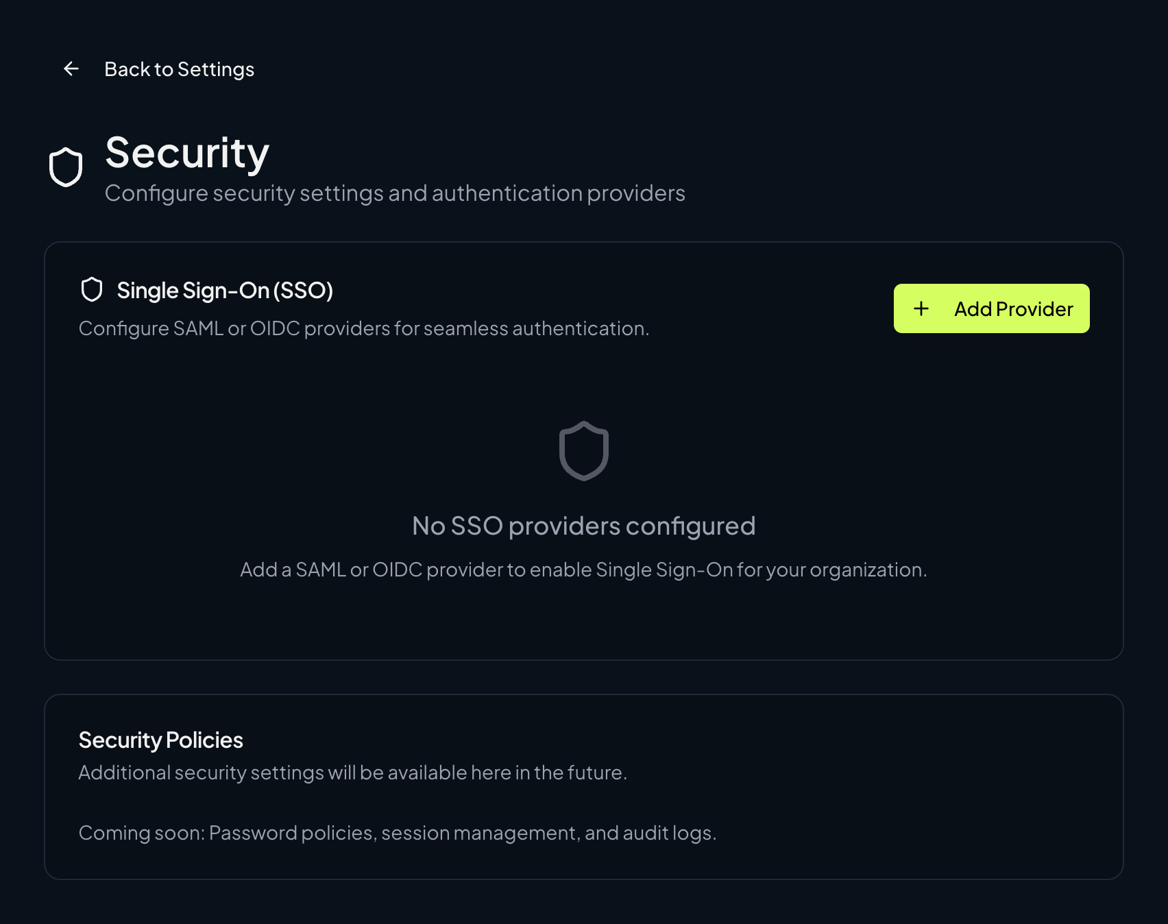 Open Single Sign-On settings Security settings page with Single Sign-On and Add Provider button